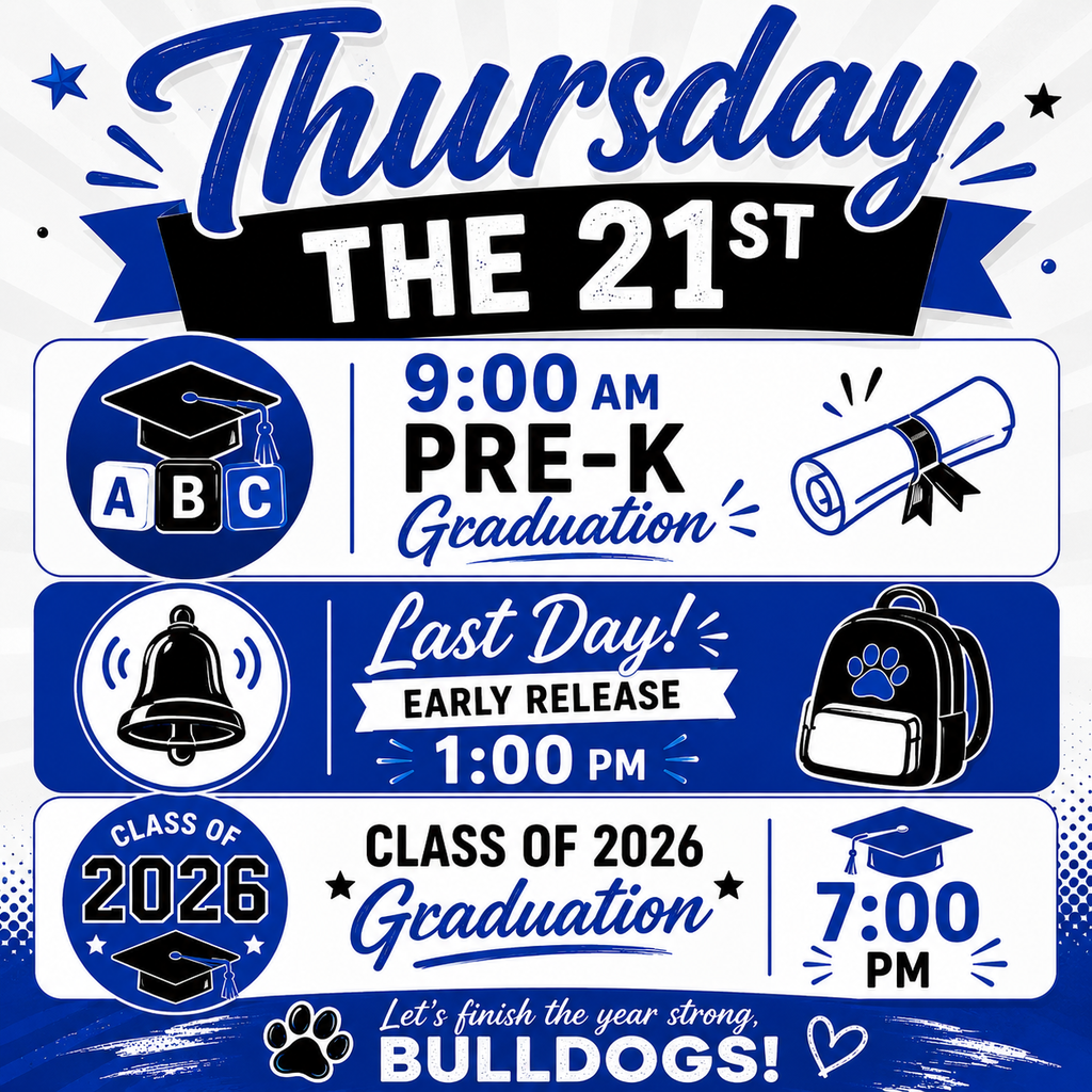 That’s a wrap on the 2025-2026 school year! 💙🐾
🎓 Pre-K Graduation — 9:00 AM
⏰ Early Release — 1:00 PM
🎓 Class of 2026 Graduation — 7:00 PM
Thank you to our students, staff, parents, and community for another incredible year at Milford ISD. We hope everyone has a safe, relaxing, and well-deserved summer break! ☀️📚
Once a Bulldog, always a Bulldog. #TheBulldogWay #BulldogNation