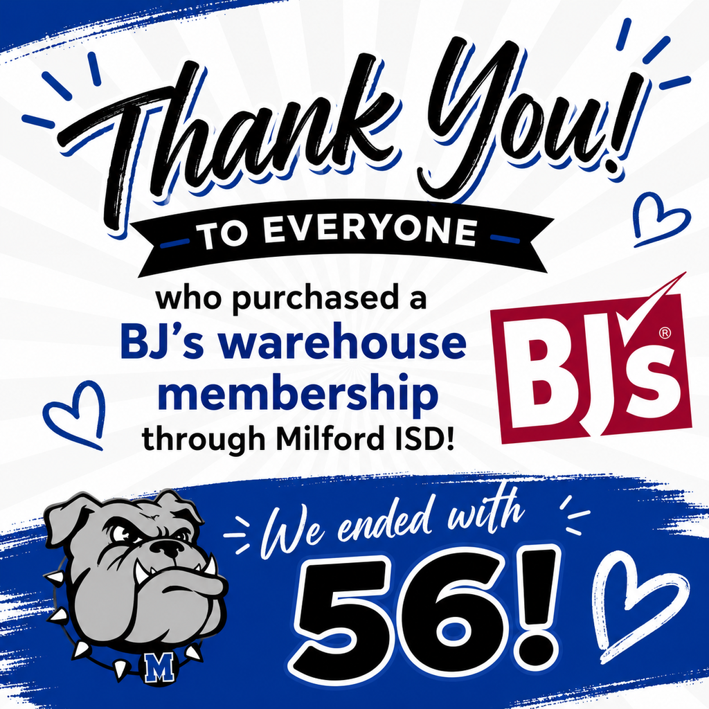 💙🐾 THANK YOU, Bulldog Nation! 🐾💙

Because of your support, we ended our BJ’s Warehouse Membership Drive with 56 memberships purchased through Milford ISD! 🎉

Every membership purchased helped support our district, and we are so thankful for a community that continues to show up for our students, staff, and school. Your support truly makes a difference!

Thank you for helping us grow stronger together — that’s the Bulldog Way! 💙🖤🤍

#TheBulldogWay #BulldogNation #CommunitySupport