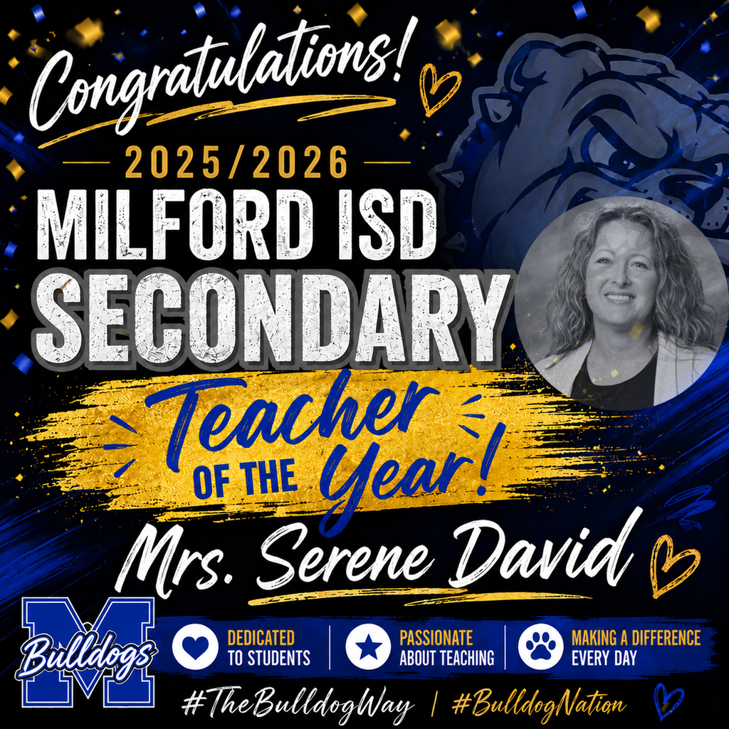 Please help us congratulate our 2025–2026 Milford ISD Teachers of the Year! 💙🐾
✨ Elementary Teacher of the Year: Ms. Tina Webb
✨ Secondary Teacher of the Year: Mrs. Serene David
These incredible educators go above and beyond every single day for our students, staff, and Bulldog community. Their dedication, passion, and love for teaching truly represent #TheBulldogWay.
Milford ISD is blessed with teachers who pour their hearts into making a difference, and we are proud to celebrate two of the very best! 🎉📚🍎
Congratulations, Ms. Webb and Mrs. David! 💙🖤🤍
#BulldogNation #TeacherOfTheYear #TheBulldogWay