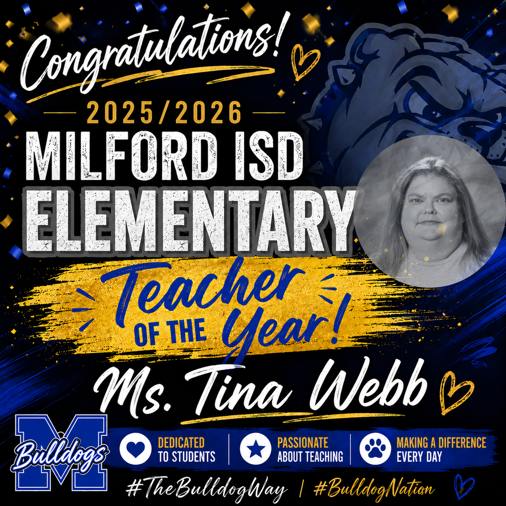 Please help us congratulate our 2025–2026 Milford ISD Teachers of the Year! 💙🐾
✨ Elementary Teacher of the Year: Ms. Tina Webb
✨ Secondary Teacher of the Year: Mrs. Serene David
These incredible educators go above and beyond every single day for our students, staff, and Bulldog community. Their dedication, passion, and love for teaching truly represent #TheBulldogWay.
Milford ISD is blessed with teachers who pour their hearts into making a difference, and we are proud to celebrate two of the very best! 🎉📚🍎
Congratulations, Ms. Webb and Mrs. David! 💙🖤🤍
#BulldogNation #TeacherOfTheYear #TheBulldogWay