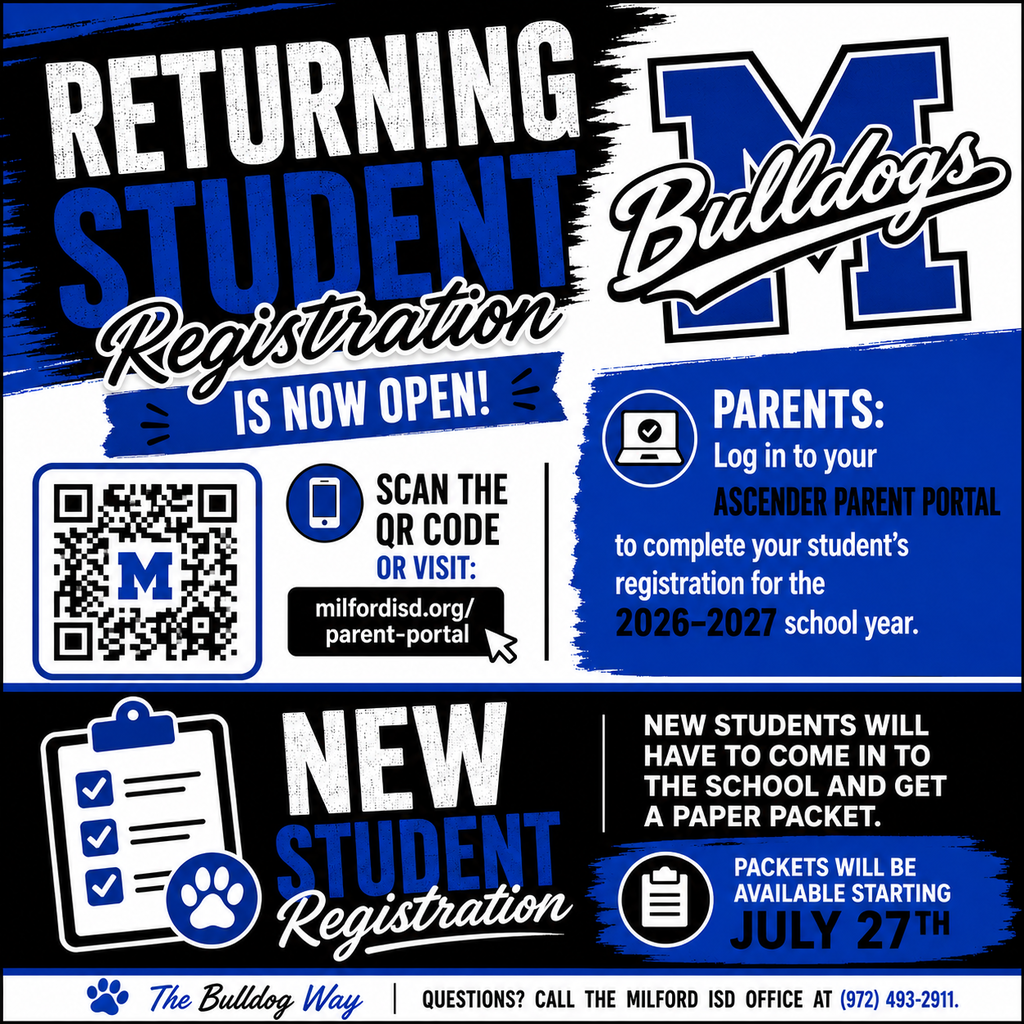 🐾 Bulldog Nation... it's time! 💙
Registration for the 2026-2027 school year is officially open!
💻 Returning Students: Log in to your ASCENDER Parent Portal and complete your online registration.
📝 New Students: Paper registration packets will be available at the Milford ISD office starting July 27.
The countdown to the first day of school is on... let's get everyone registered! 💙🐾
#TheBulldogWay #BulldogNation