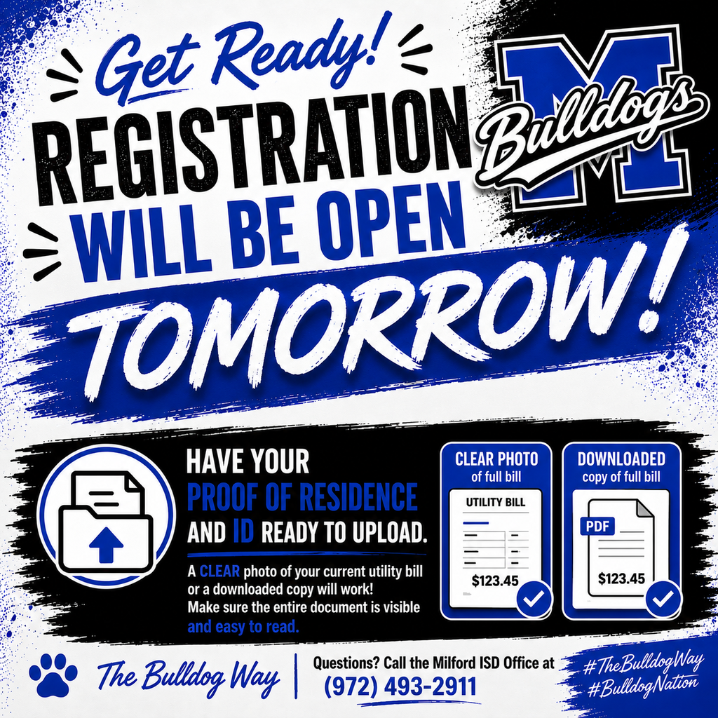 📢 Registration opens TOMORROW! 🐾💙
Before you log in, make sure you have these items ready to upload:
🏠 Proof of Residence 📷 A clear photo of your current utility bill or a downloaded PDF copy will work. Just make sure the image is easy to read with all information visible.
🪪 Parent/Guardian ID 📷 Please upload a clear photo of a valid photo ID.
Having these documents ready before you begin will make the registration process quick and easy!
We can't wait to welcome everyone back for another great year at Bulldog Nation! 💙🐾
Questions? Give us a call at (972) 493-2911.
#TheBulldogWay #BulldogNation #BackToSchool #MilfordISD