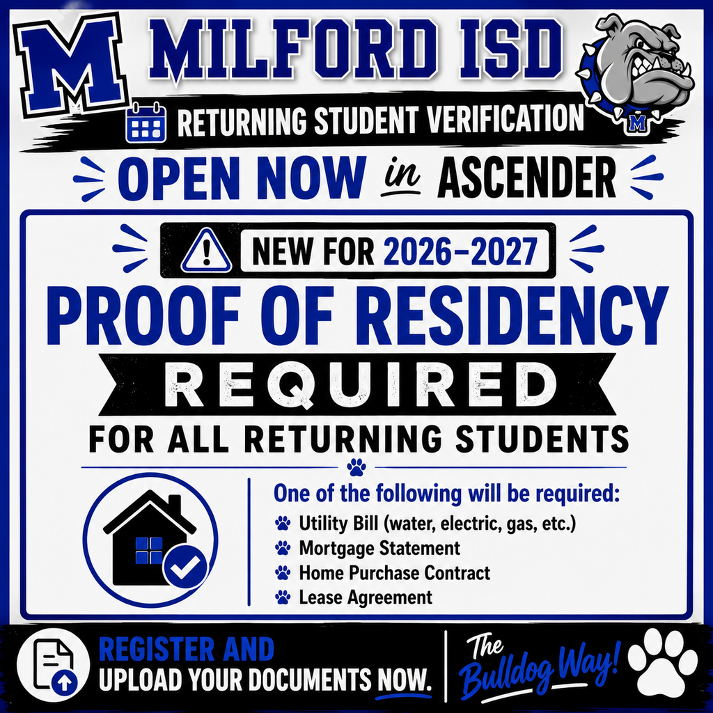 📣 RETURNING BULLDOG FAMILIES — WE’RE OVER HALFWAY THERE! 🐾💙
We currently have 55.56% of our students registered for the 2026–2027 school year! 🎉
Now the question is… HOW FAST CAN BULLDOG NATION GET US TO 100%?! 👀🐾
If you haven’t completed your returning student registration yet, now is the time! Remember, proof of residency is required for ALL returning students this year.
Before uploading your document in Ascender, check the graphic to make sure you’re submitting an accepted form of proof of residency. ✅
Already registered? You’re part of our 55.56%! 🙌
Still need to register? Help us move that number closer to 100%! 💯
Ready… set… REGISTER! 🐾💙