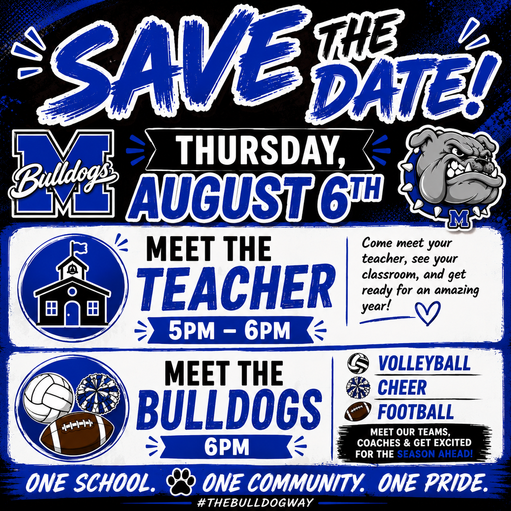 📣🐾 BULLDOG NATION… SAVE THE DATE!! 🐾📣
The countdown to a NEW school year is officially ON! 💙🖤
📅 THURSDAY, AUGUST 6TH
🍎 5:00–6:00 PM | MEET THE TEACHER
Come meet your teachers, find your classrooms, and get ready for another great year at Milford ISD!
🏐📣🏈 6:00 PM | MEET THE BULLDOGS
Stick around because it’s time to turn up the BULLDOG SPIRIT! Meet our Volleyball, Cheer & Football teams and coaches as we get ready to kick off the 2026–2027 season! 🔥
New classrooms. New seasons. Same BULLDOG PRIDE! 💙🐾
MARK THOSE CALENDARS — WE CAN’T WAIT TO SEE BULLDOG NATION BACK TOGETHER!
#TheBulldogWay #BulldogNation #MilfordISD 🐾💙