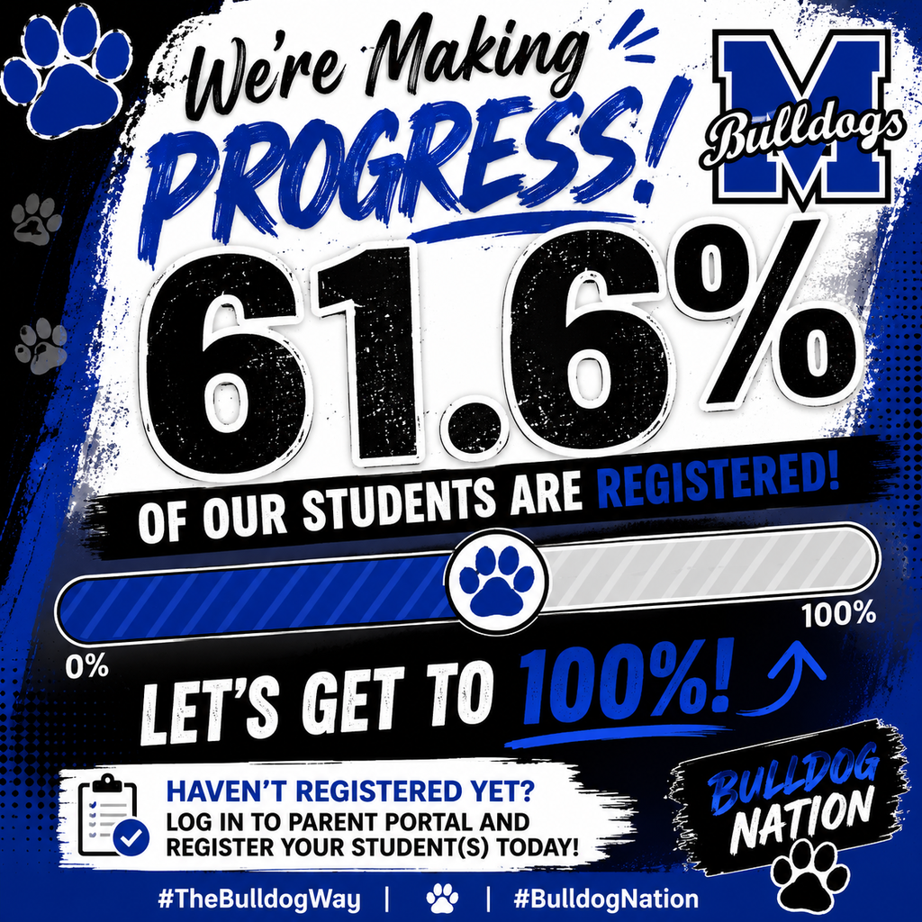 🎉 We're making progress, Bulldogs! 🐾
📚 61.6% of our students are officially registered for the 2026-2027 school year!
That means we're getting closer to our goal of 100%! 💙
If you haven't registered your student(s) yet, now's the perfect time! Log into Parent Portal and complete your registration today.
Let's see how fast Bulldog Nation can get us from 61.6% ➡️ 100%! 🚀
#TheBulldogWay #BulldogNation