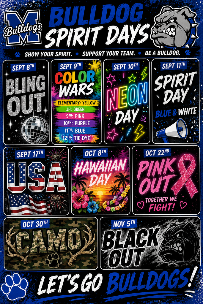 🔥 GET READY, BULLDOG NATION! 🔥
The spirit days are here, and this year's lineup is going to be EPIC! 💙🏈
✨ Bling Out 🌈 Color Wars 💡 Neon 💙 Spirit Day 🇺🇸 USA 🌺 Hawaiian 🎀 Pink Out 🌿 Camo ⚫ Black Out
Now start planning those outfits, grab your friends, and get ready to bring the energy all year long! We want to see the halls, classrooms, student section, and pep rallies overflowing with Bulldog pride.
📣 Loud. 💙 Proud. 🐾 ALL IN.
Let's Go Bulldogs!
#TheBulldogWay #BulldogNation