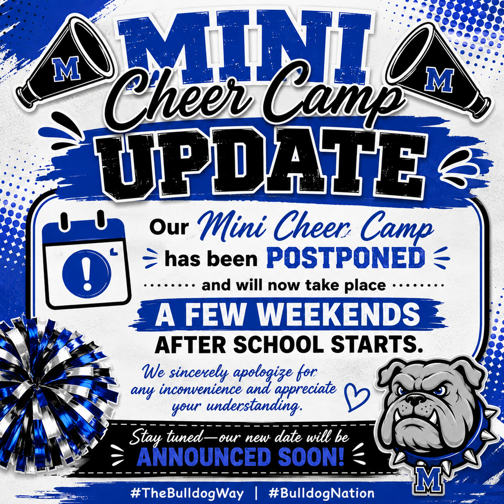 📣 MINI CHEER CAMP UPDATE 📣
Our Mini Cheer Camp has been postponed and will now take place a few weekends after school starts.
We sincerely apologize for any inconvenience and appreciate your understanding. 💙🤍
Stay tuned—our new date will be announced soon!
#TheBulldogWay #BulldogNation