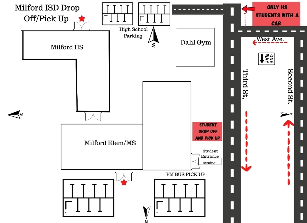 📣 Bulldog Nation – Important Drop-Off Information! 💙🐾
As we prepare for the first day of school, please review our updated morning drop-off procedures to help keep everyone safe and traffic moving smoothly.
🚗 ALL students (Elementary & Secondary) will be dropped off on Third Street under the awning at the student entrance.
🎓 High School students who drive should:
✔️ Enter through the High School parking lot
✔️ Park in their designated parking spaces
✔️ Enter through the High School building
✔️ Proceed to the cafeteria
Please refer to the map below for the traffic flow and designated drop-off locations.
Thank you for your patience and cooperation as we work together to provide a safe and efficient arrival for all of our Bulldogs! 💙🖤🤍
#TheBulldogWay #BulldogNation