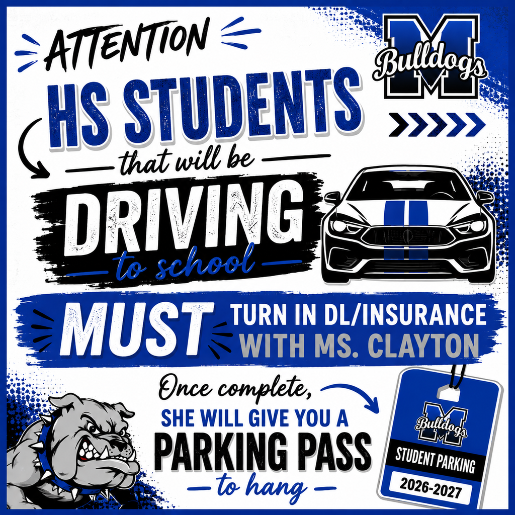 🚗 Attention High School Student Drivers! 🚗
If you plan to drive to school this year, you MUST turn in a copy of your valid driver's license and current proof of insurance to Ms. Clayton during the first week of school.
Once your documents have been verified, you will receive your 2026–2027 parking pass to display in your vehicle.
🚙 No parking pass = No student parking privileges.
Please take care of this as soon as possible to avoid any delays.
💙 Let's have a safe and successful school year, Bulldogs!
#TheBulldogWay #BulldogNation