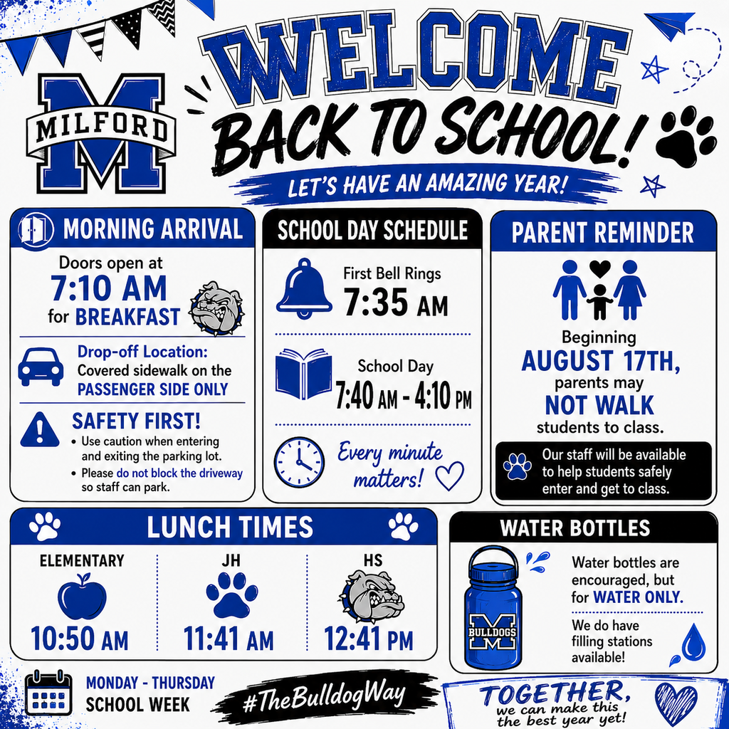 💙🐾 Welcome Back, Bulldog Nation! 🐾💙
A few important reminders as we kick off the new school year! 📚✏️
⏰ Doors open at 7:10 AM for breakfast
🔔 First bell: 7:35 AM
🏫 School: 7:40 AM–4:10 PM
💧 Water bottles encouraged—water only! Filling stations are available.
📅 Monday–Thursday school week
Beginning August 17th, parents may no longer walk students to class. Our staff will be ready to help our Bulldogs get where they need to go! 💙
Here’s to an AMAZING year! 🐾
#TheBulldogWay #BulldogNation