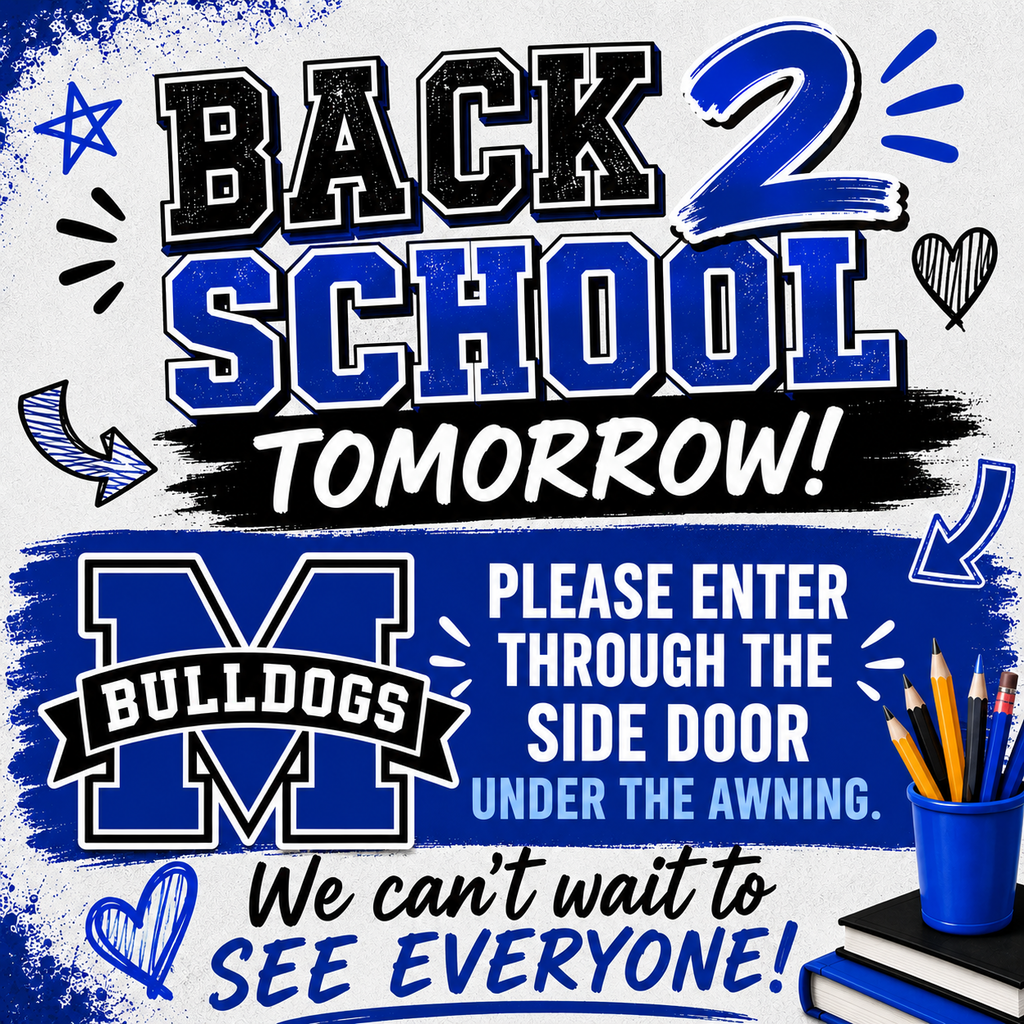 🎒💙 BACK 2 SCHOOL TOMORROW! 🐾🖤
We can’t wait to welcome our Bulldogs back for the 2026–2027 school year! 🎉
⏰ Doors open at 7:10 AM
🔔 Tardy bell rings at 7:40 AM
📍 Please enter through the side door under the awning.
Get those backpacks ready, set those alarms ⏰, and we’ll see everyone bright and early tomorrow morning! 💙🖤🤍
#TheBulldogWay #BulldogNation
