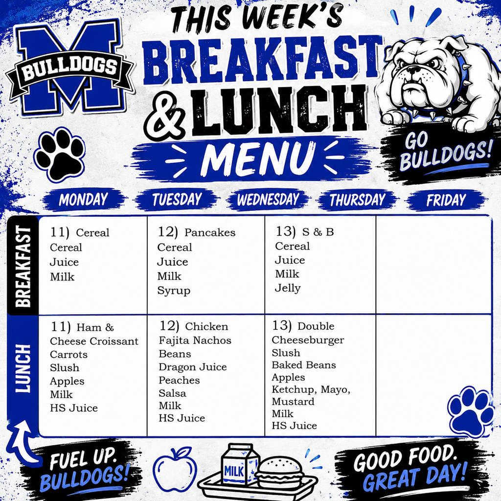 📚🍎 What’s on the menu, Bulldogs?! 💙🐾
Here’s a look at our Breakfast & Lunch Menu for the first week of school! 😋
We know everyone likes to plan ahead, so don’t worry — we’ll be posting the FULL MONTH’S menu soon! 📅🍽️
See you tomorrow, Bulldogs! 💙🖤🤍
#TheBulldogWay #BulldogNation