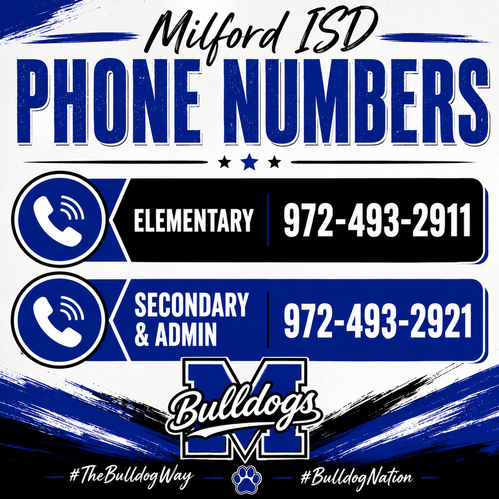 📱 MILFORD ISD CONTACT INFO

A quick reminder for our Bulldog families! 💙

Elementary Office: 📞 [Elementary Phone Number]
Secondary / Admin Office: 📞 [Secondary/Admin Phone Number]

Be sure to save the correct number in your contacts! 🐾

#TheBulldogWay