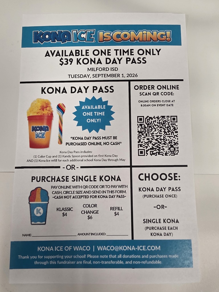🍧 KONA ICE IS BACK! 🍧
And the best part? Every Kona Ice purchase GIVES BACK to our Milford ISD Athletic Program and our Bulldog athletes! 💙🐾
⭐ YEAR PACKAGE AVAILABLE!
This visit is the ONLY time you can purchase the year package! Pay once and you’re set for the year—no worrying about sending money each month! 🙌
Prefer to pay as you go? No problem! Kona Ice will be here on the FIRST TUESDAY of each month, and students can purchase individually each visit.
🍧 Cool treats
💙 Supporting our athletes
🐾 Giving back to Bulldog Athletics
It’s a WIN-WIN! #TheBulldogWay #BulldogNation