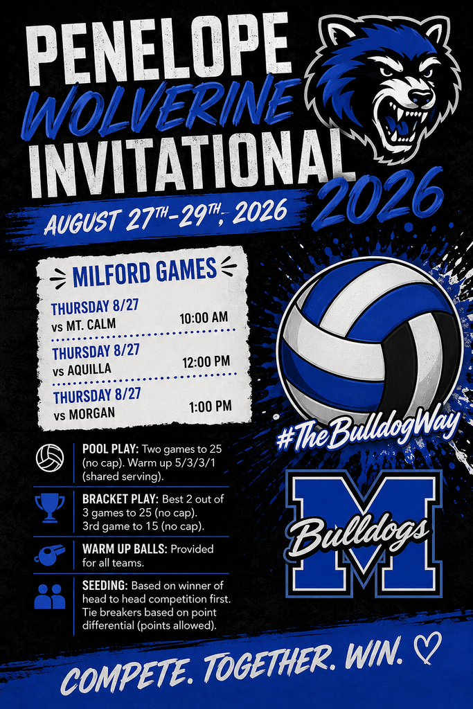 🏐💙 IT’S TOURNAMENT DAY! 💙🏐

Our Lady Bulldogs are headed to Penelope and ready to battle! 🔥🐾

Play hard. Play together. Leave it all on the court! 💪🏐

Let’s go, Lady Bulldogs! 💙🖤🤍

#TheBulldogWay #BulldogNation #LadyBulldogs