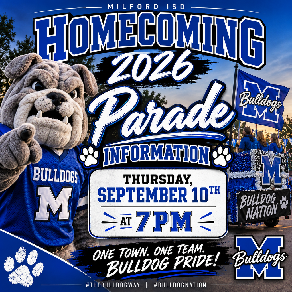 💙🐾 MILFORD, IT’S TIME TO LINE THE STREETS! 🐾💙  Homecoming 2026 is right around the corner, and there’s nothing quite like a small-town Homecoming! 🏈📣  On Thursday, September 10th at 7:00 PM, we want to see Bulldog Nation lining the streets of Milford and showing our students just how much this community supports them! 💙🤍  🎉 The parade will begin at the school, make its way through town, and end at the park, where we’ll keep the Bulldog spirit going with a short pep rally!  Bring the family, wear your ROYAL BLUE & WHITE, grab a spot along the route, and CHEER LOUD as our Bulldogs roll through town! 🐾📣  This is OUR school. OUR town. OUR Bulldogs. 💙  🏈 ONE TOWN. ONE TEAM. BULLDOG NATION. 🏈  #TheBulldogWay #BulldogNation #Homecoming2026