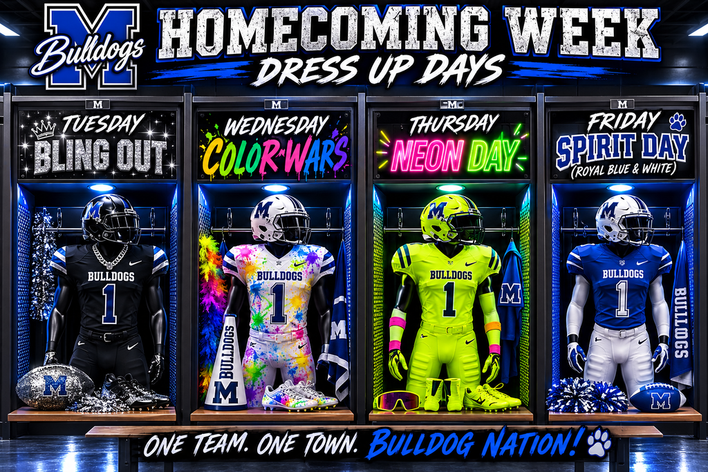 🏈💙 HOMECOMING WEEK IS NEXT WEEK! 💙🏈
Bulldog Nation, it’s almost time! 🐾 Get those outfits ready and let’s fill the halls with Bulldog spirit ALL WEEK LONG! 🔥
📣 REMINDER: NO SCHOOL MONDAY, SEPTEMBER 7TH!
✨ Tuesday, Sept. 8 — BLING OUT
Shine bright and bring ALL the sparkle! ✨💎
🎨 Wednesday, Sept. 9 — COLOR WARS
Show up in your class color and let’s see who takes over the halls! 🌈
💚 Thursday, Sept. 10 — NEON DAY
The brighter, the better! 💚💛🩷
💙🤍 Friday, Sept. 11 — SPIRIT DAY
Deck yourself out in ROYAL BLUE & WHITE and show that Bulldog pride! 🐾
It’s HOMECOMING, Bulldogs!
ONE TEAM. ONE TOWN. BULLDOG NATION! 🏈🐾💙
#TheBulldogWay #BulldogNation #Homecoming2026