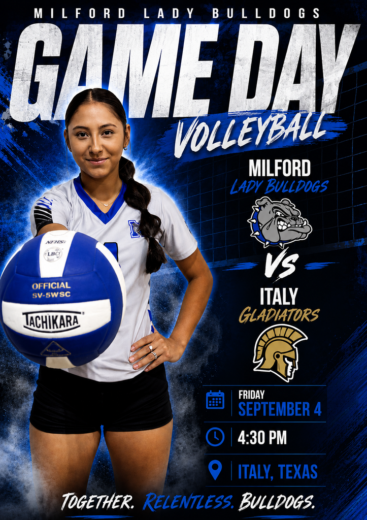 🔥🏐 TOMORROW IS GAME DAY, BULLDOG NATION! 🏐🔥  The Milford Lady Bulldogs are headed to Italy and ready to bring the ENERGY! 💙🐾  🆚 Italy Gladiators 📅 Friday, September 4th ⏰ 4:30 PM 📍 Italy, Texas  Bring the noise, bring the pride, and let’s cheer our Lady Bulldogs on to a BIG WIN! 💪🔥  TOGETHER. RELENTLESS. BULLDOGS. 💙🤍🐾  #TheBulldogWay #BulldogNation #LadyBulldogs #GameDay