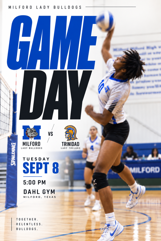 🏐🔥 GAME DAY! 🔥🏐  The Lady Bulldogs are HOME and ready to battle! 💙🖤  🐾 Milford vs. Trinidad ⏰ 5:00 PM 📍 Dahl Gym  Pack the gym. Bring the noise. Let’s defend HOME! 📣  TOGETHER. RELENTLESS. BULLDOGS. 🐾  #TheBulldogWay #BulldogNation