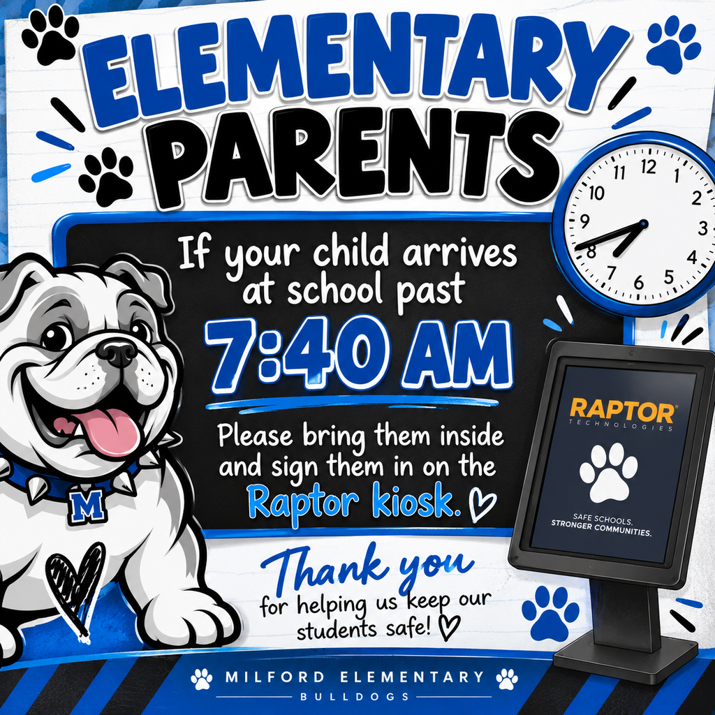 ⏰ Elementary Parents — Quick Reminder! 🐾

If your child arrives at school after 7:40 AM, please walk them inside and sign them in using the Raptor kiosk.

This helps us keep accurate attendance records and ensures all of our Bulldogs are safely accounted for. 💙🖤

Thank you for your help and cooperation! 🐾
#TheBulldogWay #BulldogNation