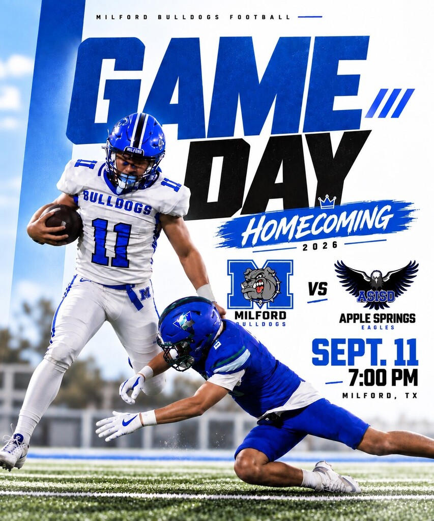 🏈✨ IT’S HOMECOMING, BULLDOG NATION! ✨🏈  Your Milford Bulldogs take on Apple Springs under the Friday night lights! 💙🖤🤍  Pack the stands. Get LOUD. Bring that Bulldog pride! 🐾🔥  LET’S GO BULLDOGS! 🏈  #TheBulldogWay #BulldogNation #Homecoming2026