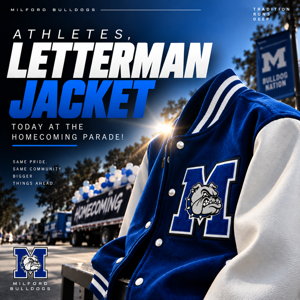 📣 LETTERMAN JACKET UPDATE!

Letterman jackets will be handed out TODAY during the Homecoming Parade! 💙🖤🤍

We can’t wait to celebrate our Bulldogs and this special achievement! 🐾🎉

#TheBulldogWay #BulldogNation