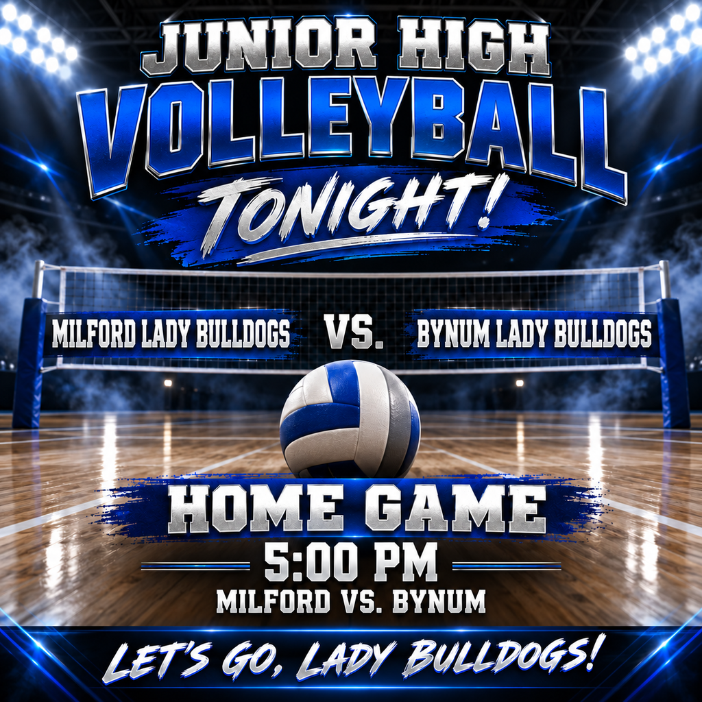 🏐💙 Junior High Lady Bulldogs are home tonight at 5:00 PM against Bynum! Let’s go, Lady Bulldogs! 🖤🤍