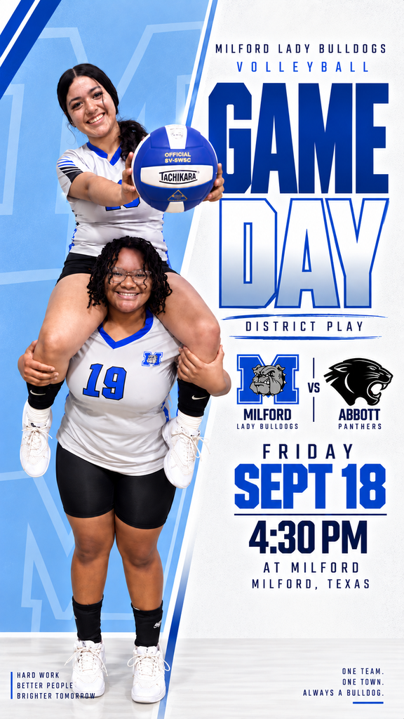 🏐 DISTRICT PLAY STARTS NOW! 💙🔥 The Lady Bulldogs are ready to battle Abbott! 💪🐾 📍 HOME @ Milford 📅 Friday, Sept. 18 ⏰ 4:30 PM PACK THE GYM. BRING THE NOISE. DEFEND HOME COURT! 📣💙 🐾 Milford Lady Bulldogs 🆚 Abbott Panthers #MilfordBulldogs #LadyBulldogs #DistrictPlay #GameDay #BulldogPride