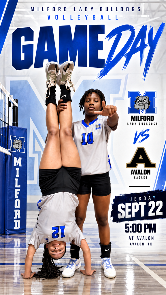 🏐 GAME DAY! 💙🐾 Lady Bulldogs 🆚 Avalon Eagles 📅 Tuesday, Sept. 22 | ⏰ 5 PM 📍 @ Avalon LET’S GO, LADY BULLDOGS! 🔥🏐 #MilfordBulldogs #GameDay