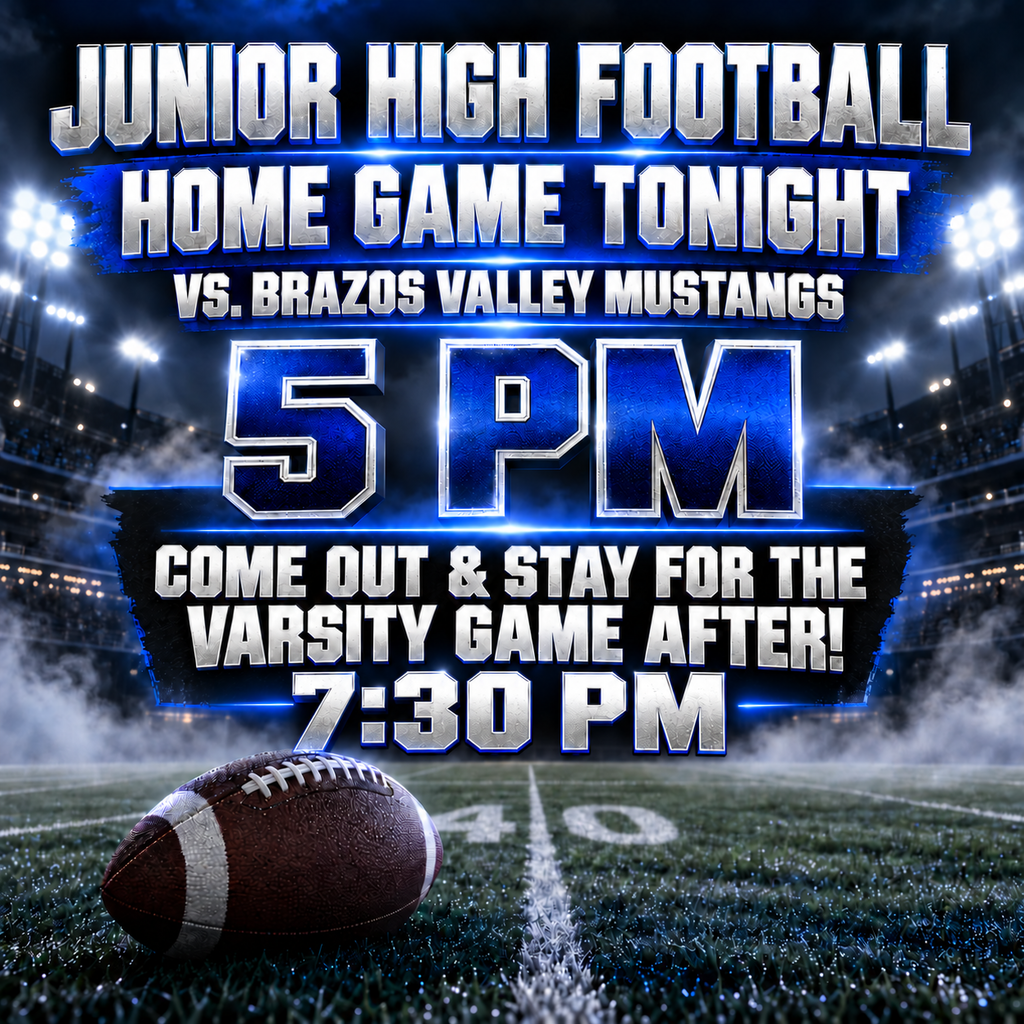 🏈 IT’S GAME DAY! 🏈
Junior High takes on the Brazos Valley Mustangs at home tonight at 5 PM! Stick around and cheer on the Varsity Bulldogs at 7 PM! 💙🖤
Come out, get loud and support our Bulldogs! 📣🐾