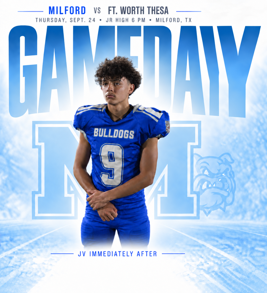 🏈 GAME DAY IN MILFORD! 🐾💙 Our Junior High & JV Bulldogs take on Ft. Worth THESA tonight! ⏰ JH • 5 PM 🏈 JV • Immediately After 📍 Milford, TX Come out and cheer on our Bulldogs! 💙🖤🤍 #MilfordBulldogs #GameDay #BulldogPride #TheBulldogWay
