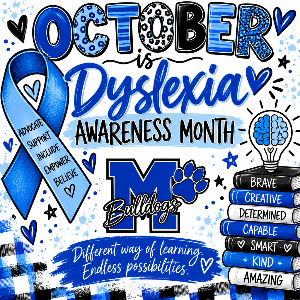 October is Dyslexia Awareness Month ❤️
Here’s wording that would work well for a Milford ISD post:
October is Dyslexia Awareness Month! ❤️📚
This month, we celebrate the incredible strengths, creativity, determination, and unique ways of thinking of our students with dyslexia.
Dyslexia may make reading and writing more challenging, but it does not define a student’s intelligence or potential. Every learner deserves to feel supported, understood, and confident in the way they learn best.
❤️ Different way of learning.
Endless possibilities.
#DyslexiaAwarenessMonth #DyslexiaAwareness #MilfordISD #TheBulldogWay