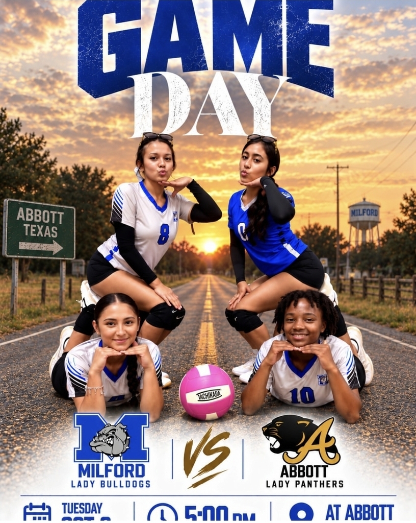 🏐💙 IT’S GAME DAY, LADY BULLDOGS! 💙🏐
The Lady Bulldogs are ROAD TRIPPIN’ to Abbott tonight! 🚌🔥 Time to bring the energy and take care of business on the road!
🐾 Milford Lady Bulldogs
🆚 Abbott Lady Panthers
⏰ 5:00 PM
📍 at Abbott
Pack the stands, make some noise, and cheer our girls on! 📣💙🤍
LET’S GO, LADY DOGS! 🐾🏐
#MilfordLadyBulldogs #GameDay #BulldogPride #MilfordISD #TheBulldogWay