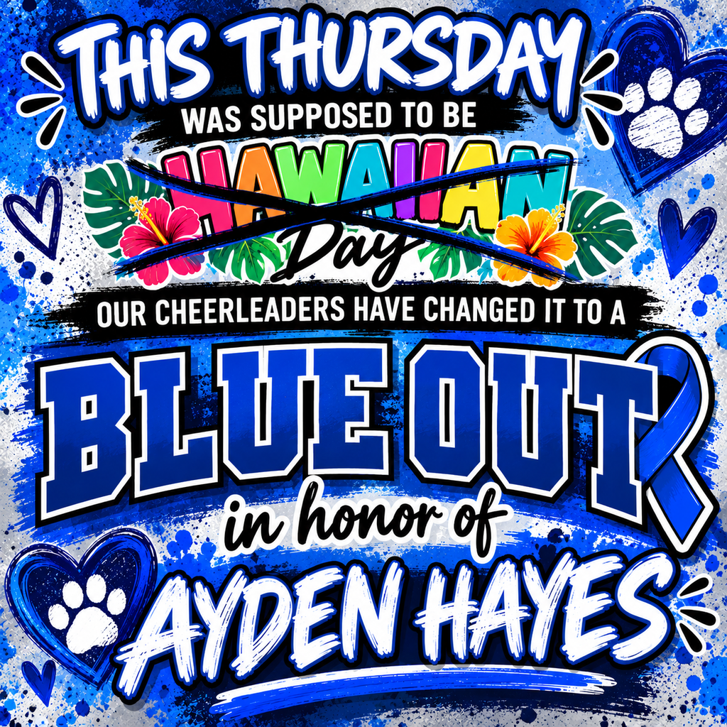 💙 THURSDAY UPDATE — BLUE OUT FOR AYDEN HAYES 💙  We originally had a pep rally planned for Thursday, and we still might! 📣🐾 Stay tuned for details!  With a lot happening Thursday — our College & Career Fest, the Volleyball game moved to 4:30 PM, and the Football game also moved to Thursday — we’re working to see if we can fit the pep rally into an already busy day.  One thing that IS happening… 💙  Our cheerleaders have changed Thursday’s Hawaiian dress-up theme to a BLUE OUT in honor of Ayden Hayes. 💙🕊️  Wear your BLUE Thursday as we come together for Ayden. 💙  #BlueOutForAyden #LLA #Forever4 #MilfordBulldogs