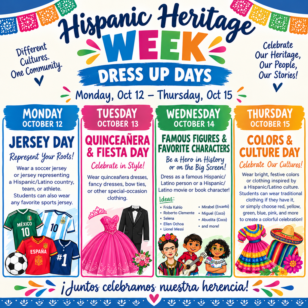 🌎💃 HISPANIC HERITAGE WEEK IS COMING TO MILFORD ISD! 🎉🌺
Get ready for a fun-filled week celebrating culture, heritage, traditions, and community! ❤️
👕 Monday, Oct. 12 — Jersey Day
👑 Tuesday, Oct. 13 — Quinceañera & Fiesta Day
🎬 Wednesday, Oct. 14 — Famous Figures & Favorite Characters
🌈 Thursday, Oct. 15 — Colors & Culture Day
We can’t wait to see our Bulldogs show their spirit and help us celebrate the cultures and stories that make our community special! 🐾💙
¡Juntos celebramos nuestra herencia! 🎊
#MilfordISD #HispanicHeritageWeek #BulldogPride #CelebrateCulture