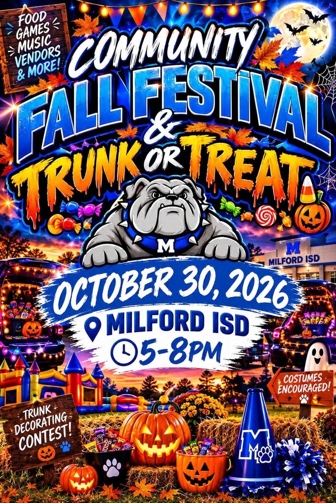 🎃🍂 MARK YOUR CALENDARS, BULLDOG FAMILY! 🐾💙

Milford ISD is bringing the FALL FUN! 🍁🎡

Join us for our Community Fall Festival & Trunk or Treat on Friday, October 30th, from 5–8 PM! 🎃👻

Get ready for an evening full of food, games, music, candy, costumes, and FUN for the whole family! 🍭🎶

📣 More exciting details to come, but for now, SAVE THE DATE! You won't want to miss it!

💙🐾 #MilfordISD #BulldogFamily #FallFestival #TrunkOrTreat