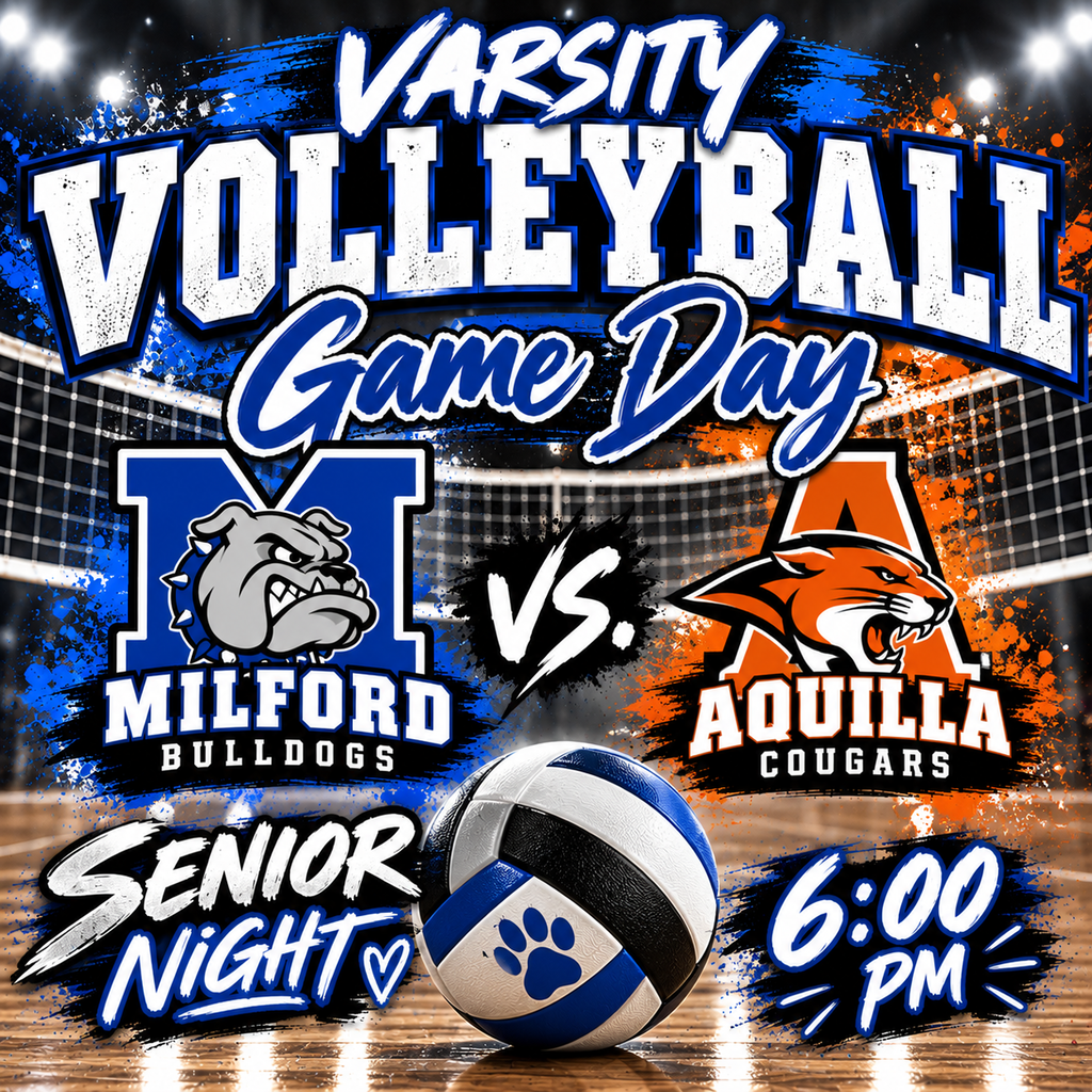 🏐💙 IT'S GAME DAY & SENIOR NIGHT, BULLDOG NATION! 🐾🎓
Our Varsity Lady Bulldogs take on the Aquilla Cougars at HOME tonight at 5 PM! 🔥
Come pack the stands, bring the NOISE, and help us celebrate our seniors! 💙🤍
#MilfordBulldogs #SeniorNight #BulldogPride