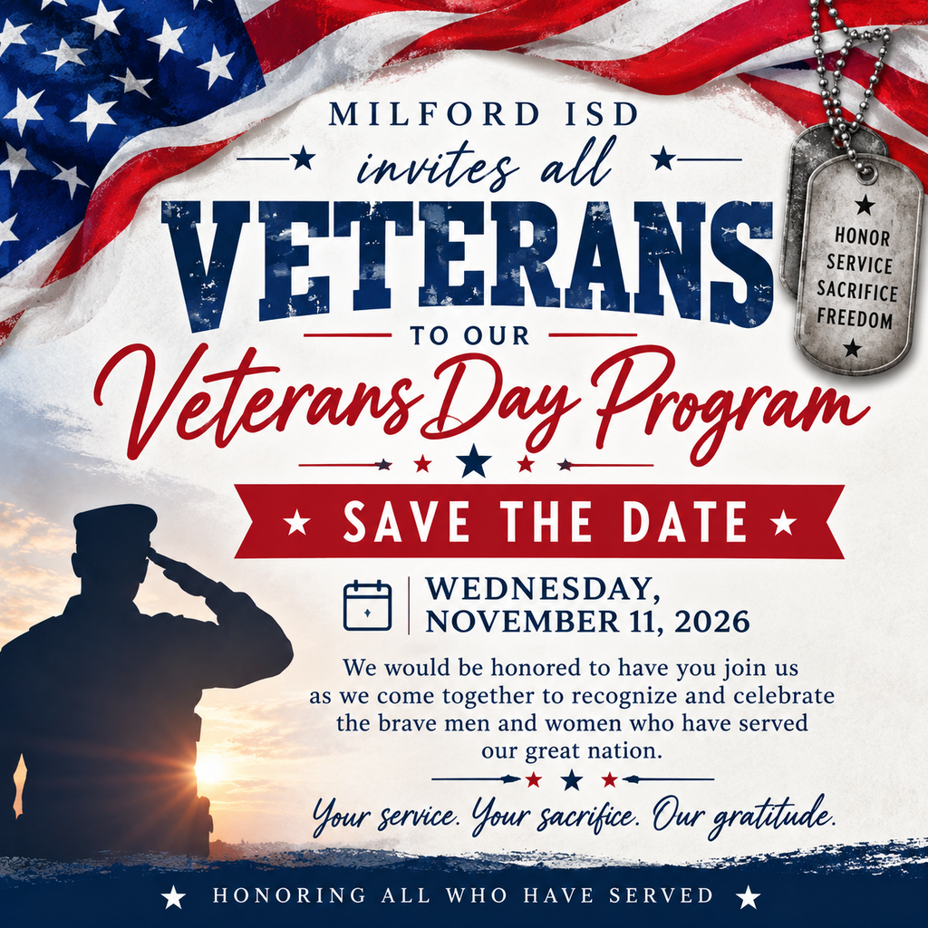 🇺🇸 CALLING ALL VETERANS! 🇺🇸  Milford ISD would be honored to invite all Veterans to join us for our Veterans Day Program on Wednesday, November 11, 2026! ❤️🤍💙  We look forward to honoring the brave men and women who have proudly served our country!  Whether you're a parent, grandparent, family member, or community member, we would love to recognize YOU!  🇺🇸 Are you a Veteran planning to attend? Please take a moment to fill out our Google Form so we can add you to our list of honored guests!  📝 Veteran Registration Form: [Insert Google Form Link]  More details about the program will be shared soon!  ❤️🤍💙 Your service. Your sacrifice. Our gratitude.