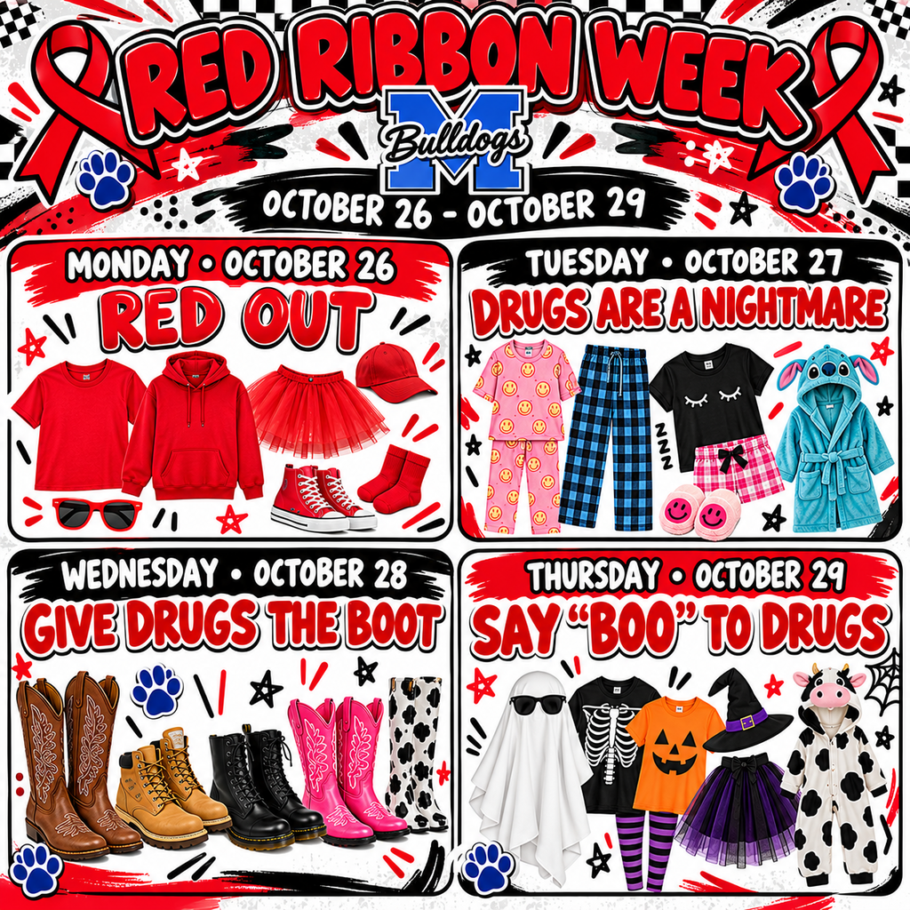 ❤️🎀 Red Ribbon Week is October 26–29! 🎀❤️
Get ready, Bulldogs! 🐾
❤️ Mon: RED OUT
😴 Tues: Pajama Day
👢 Wed: Give Drugs the Boot
👻 Thurs: Say “BOO” to Drugs
Let’s show our Bulldog spirit and celebrate making healthy, drug-free choices! 💙❤️
#RedRibbonWeek #MilfordBulldogs #DrugFree