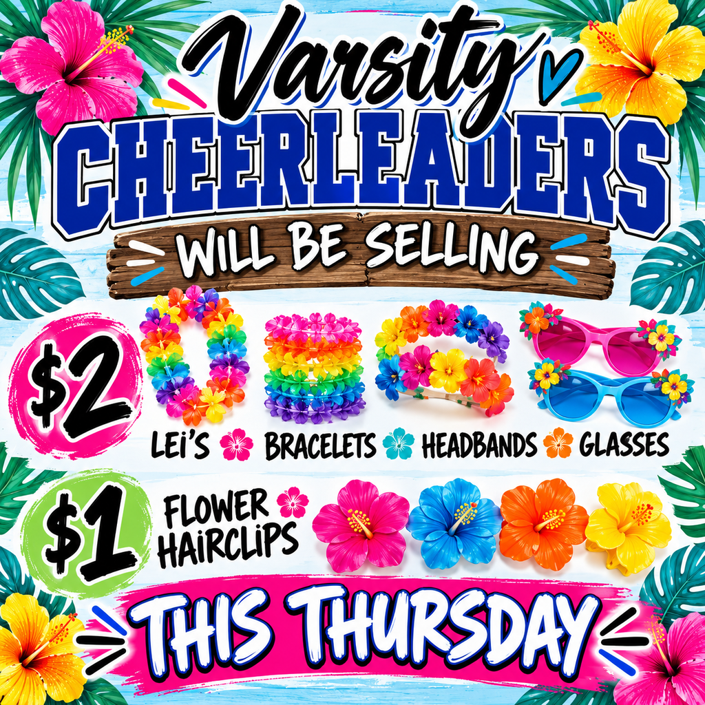 🌺🌴 ALOHA, BULLDOG NATION! 🌴🌺

Get ready to bring those tropical vibes to Milford ISD this Thursday! ☀️🏝️

Our Varsity Cheerleaders will be selling some fun Hawaiian accessories to help everyone get into the spirit! 🌺

🌸 $2 EACH – Leis, bracelets, headbands & glasses

🌺 $1 EACH – Flower hair clips

Grab your tropical gear, show your Bulldog spirit, and help support our Varsity Cheerleaders! 💙🤍🐾

LET'S GO BULLDOGS! 🌴🌺