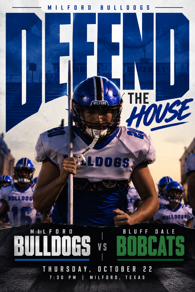 🏈💙🔥 THURSDAY NIGHT LIGHTS, BULLDOG NATION! 🔥💙🏈  IT'S GAME DAY & WE'RE DEFENDING OUR HOUSE! 🐾💪  Our Varsity Bulldogs take on the Bluff Dale Bobcats TONIGHT!  🏟️ HOME | ⏰ 7:30 PM KICKOFF  Pack the stands, bring the NOISE, and let's show 'em THE BULLDOG WAY!  #MilfordBulldogs