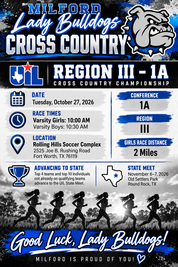💙🐾 Good luck to our Lady Bulldogs as they compete at the Regional Cross Country Championship on Tuesday! 🏃‍♀️🏆

Run strong, give it your all, and make Milford proud! We're cheering you on every step of the way! 💙🖤🤍

GO LADY BULLDOGS! 🐾💪