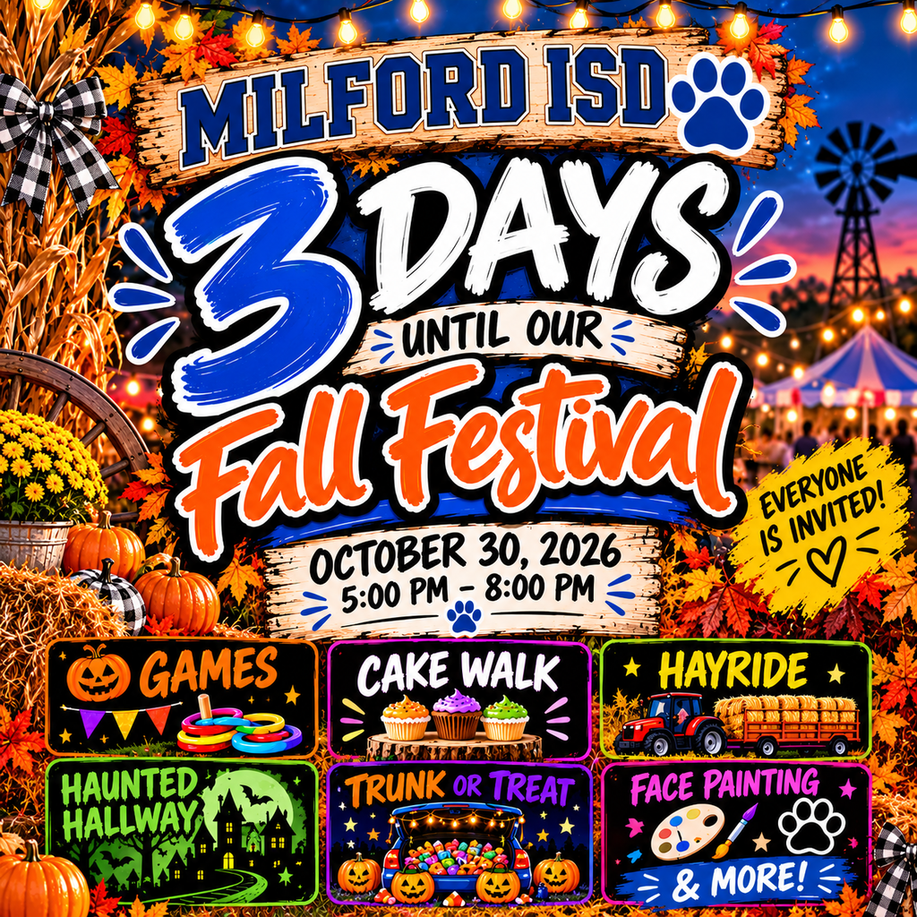 🎃🍂 JUST 3 DAYS TO GO! 🎉  Milford ISD's Fall Festival is almost here! Games, hayrides, haunted hallway, trunk-or-treat & MORE! 👻  📅 Friday | 5–8 PM  📣 Milford and surrounding communities, EVERYONE is invited! 💙🐾  #MilfordBulldogs #FallFestival