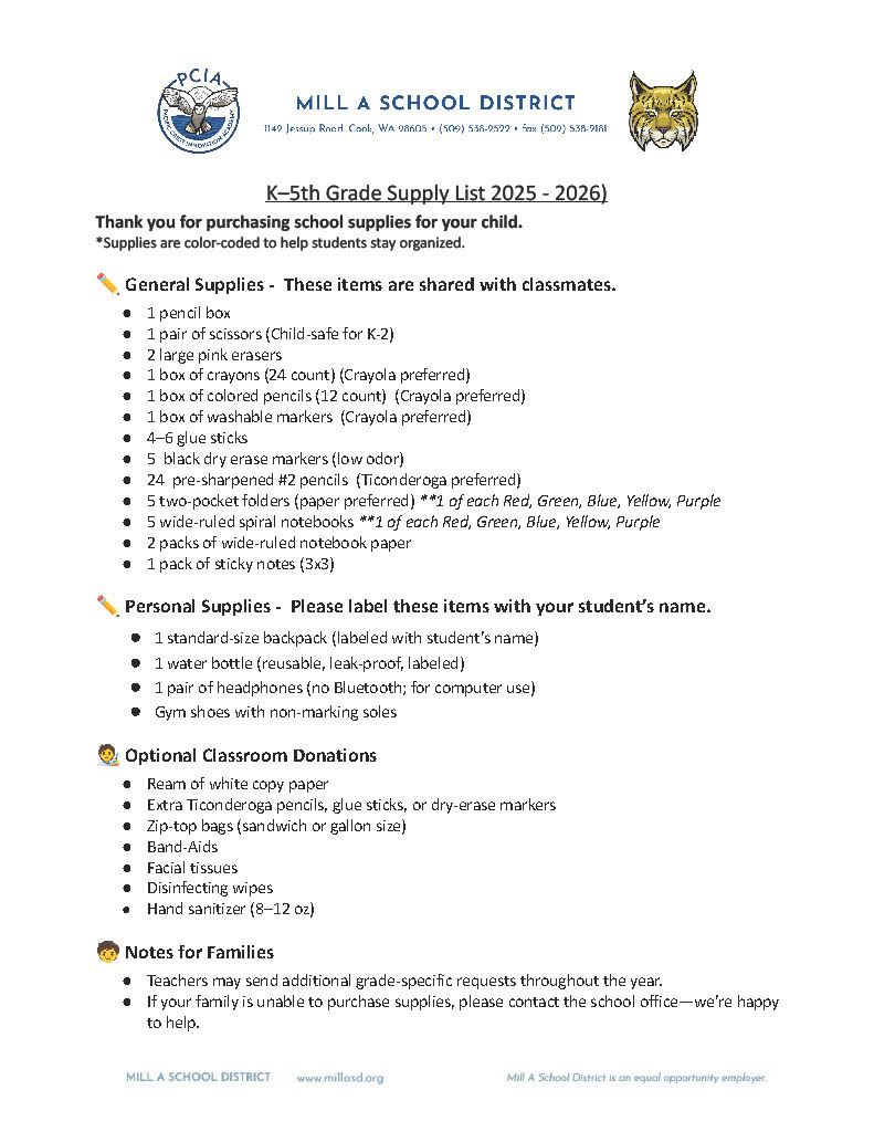 K-5 SCHOOL SUPPLY LIST 25-26