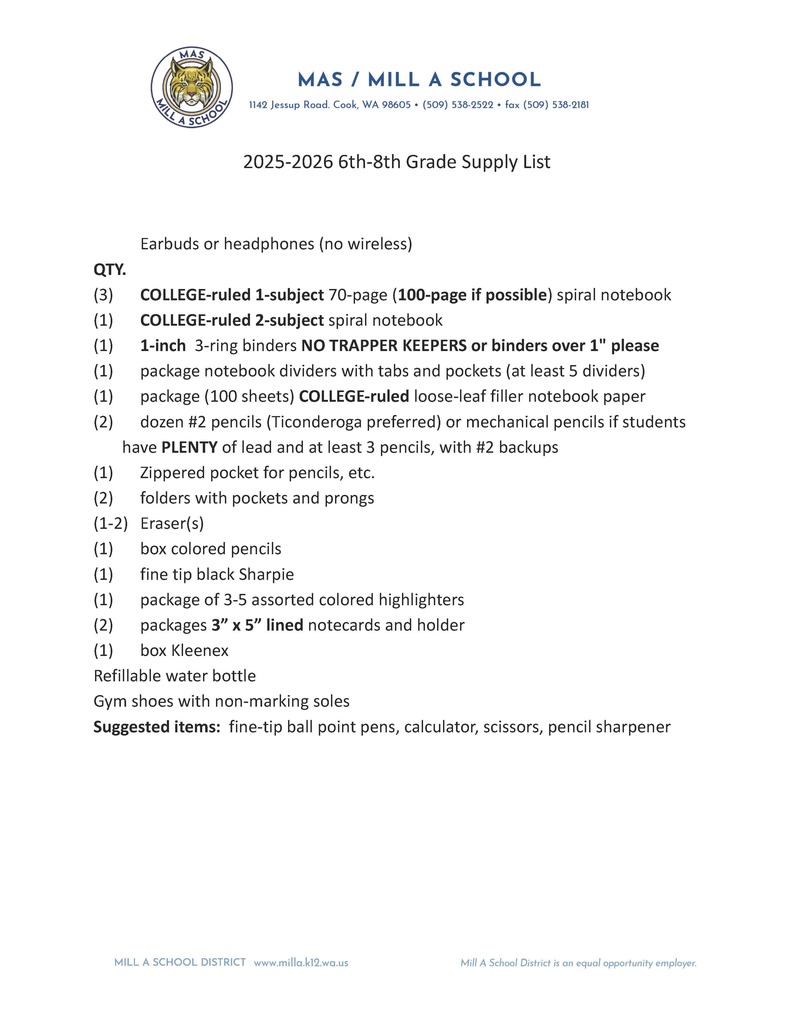 2025-2026 6th-8th Supply List