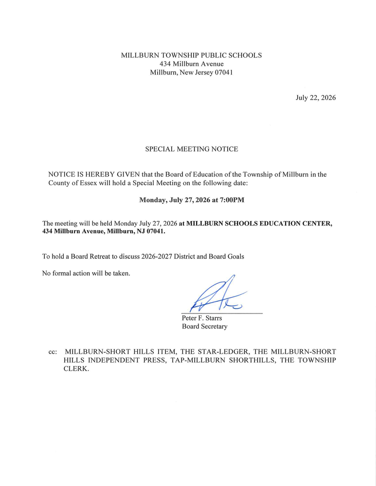 Notice of Special Meeting Board Retreat July 27, 2026