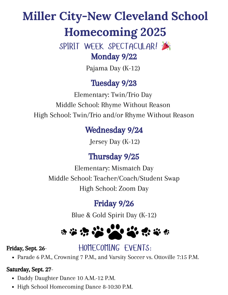 Miller City-New Cleveland School Homecoming 2025 Spirit Week All Grades