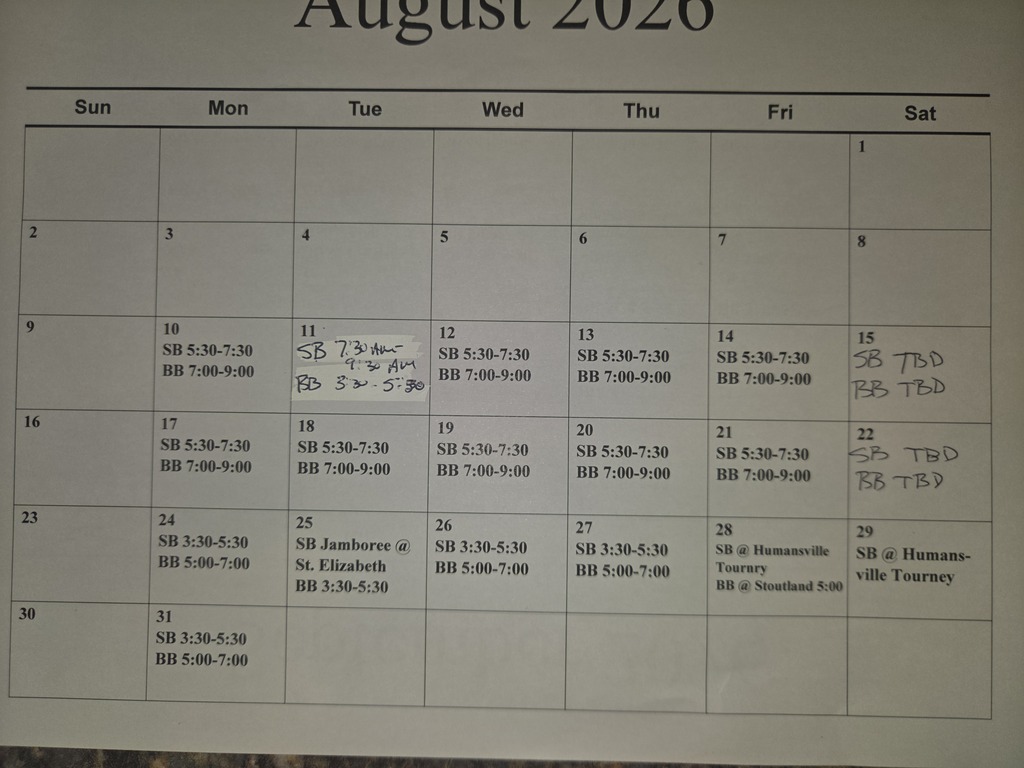 Softball and Basebll Aug schedule