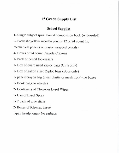 First Grade Supply List