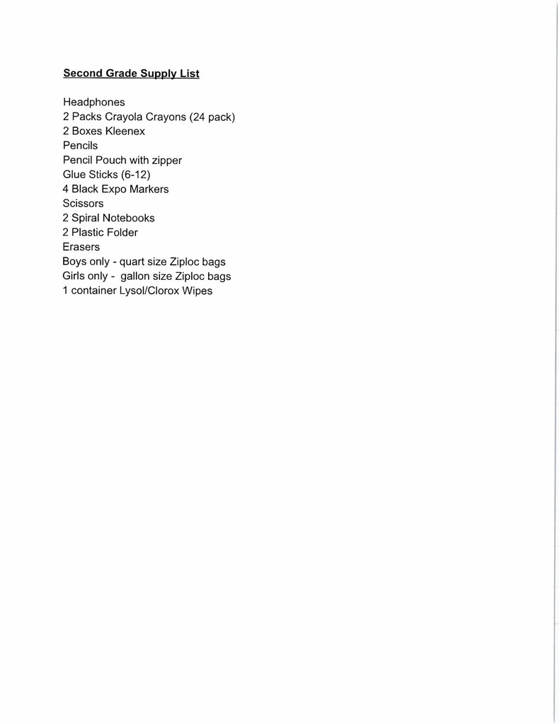 Second Grade Supply List